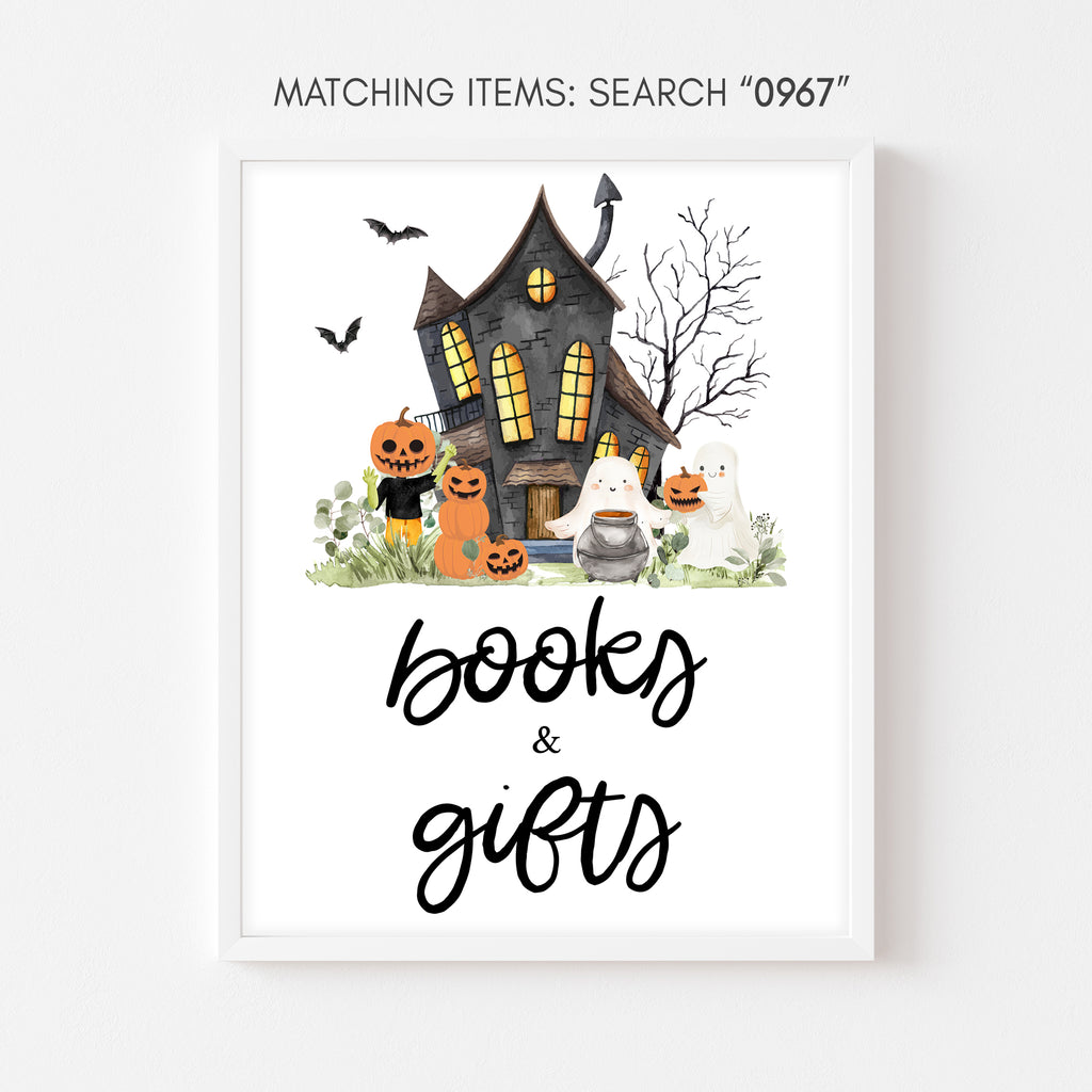 Spooky Halloween baby shower books and gifts sign with ghost and pumpkin haunted house theme