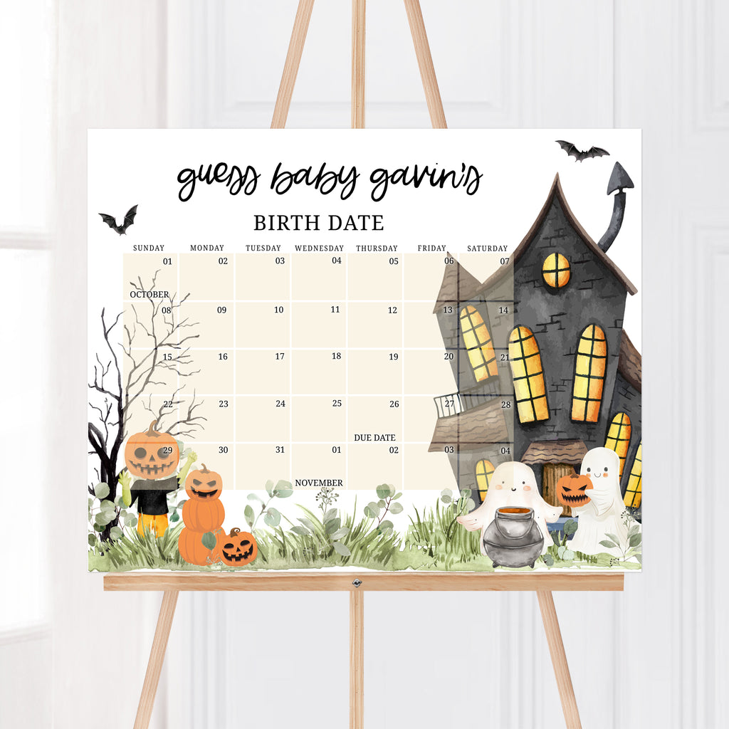 Editable little boo Halloween baby shower due date calendar with haunted house and ghost pumpkin theme