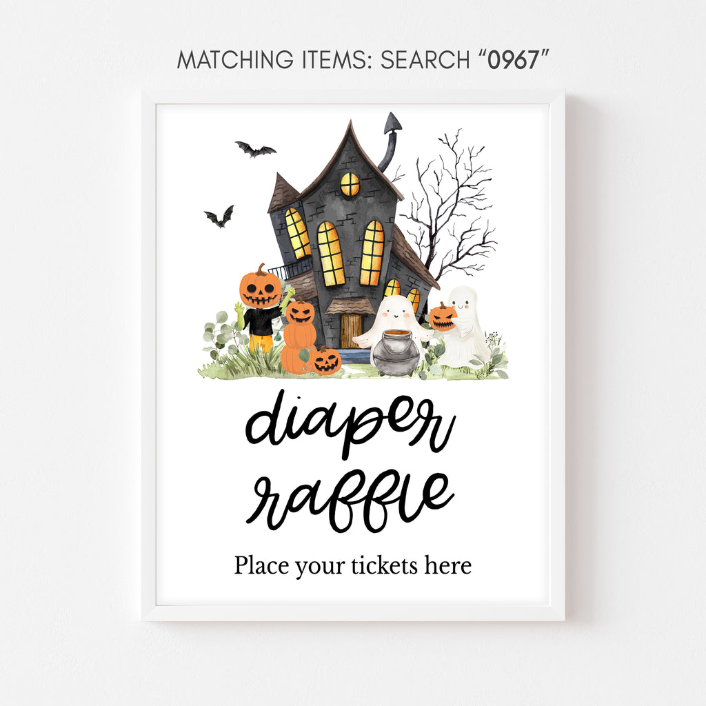 Halloween diaper raffle sign with pumpkins, ghosts, haunted house, gender neutral little boo design