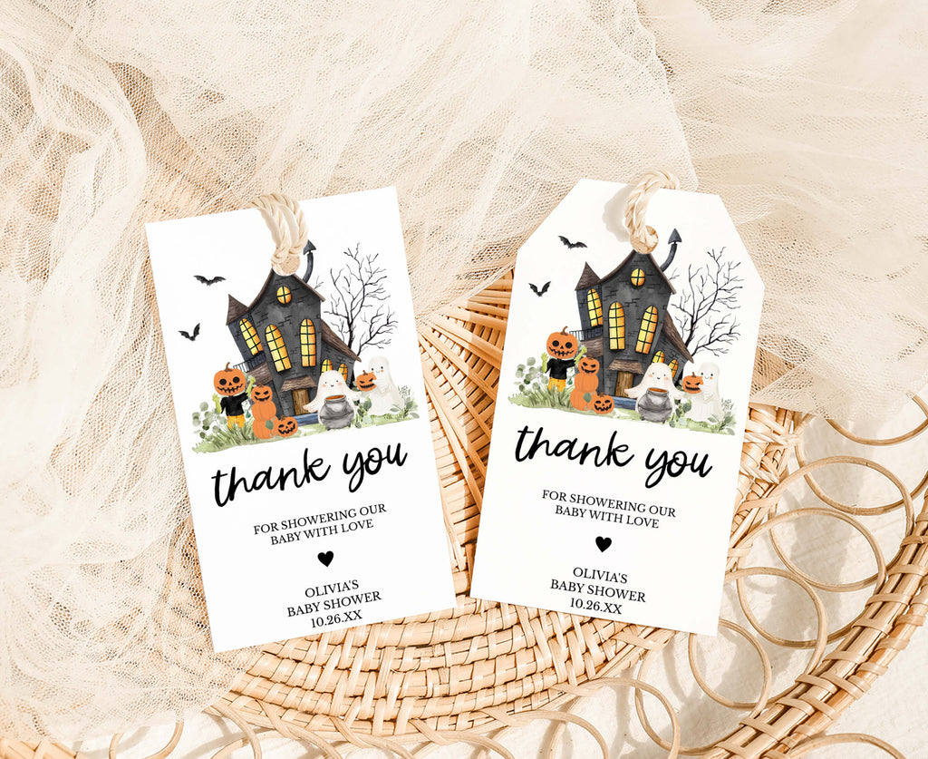 Spooky pumpkin and ghost baby shower favor tags, printable Halloween little boo design, gender neutral theme