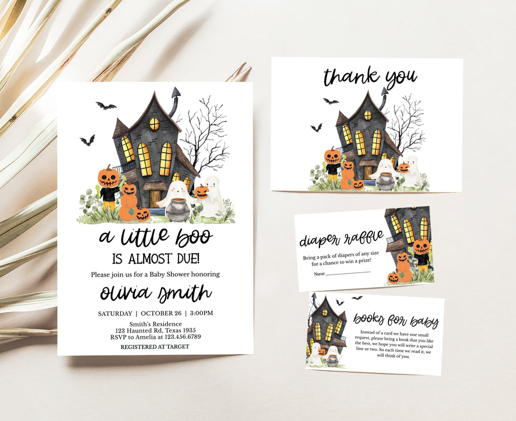Printable Halloween baby shower invitation set with ghosts, pumpkins, haunted house, little boo design