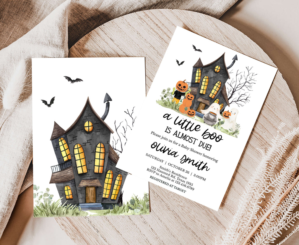 Printable spooky pumpkin and ghost baby shower invite, haunted house fall baby shower invitation design