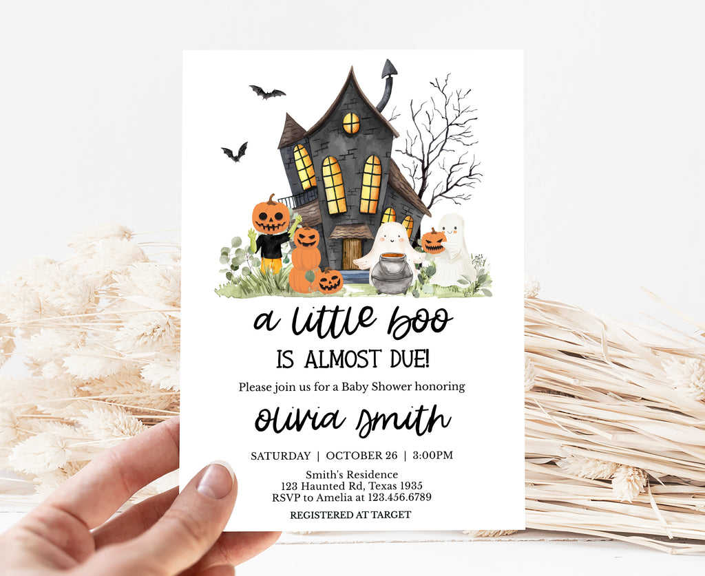 Editable Halloween baby shower invitation for boy or girl, gender neutral little boo baby shower template
