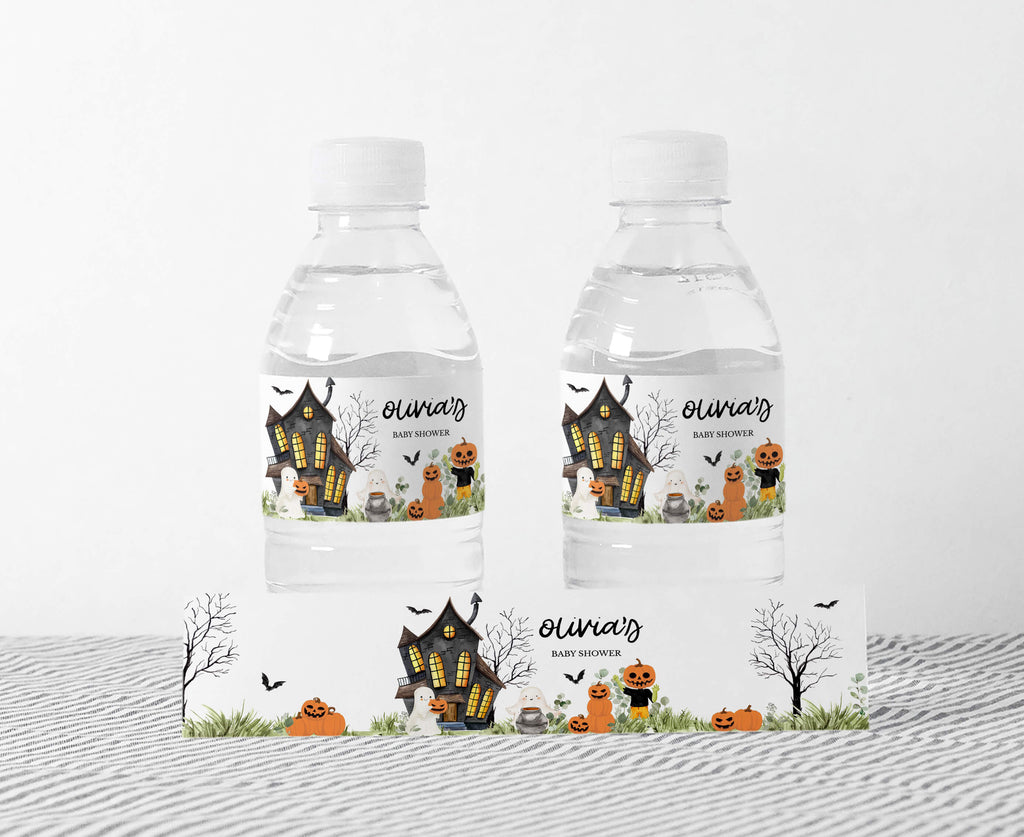 Halloween baby shower bottle labels with pumpkins, ghosts, haunted house, gender neutral little boo design