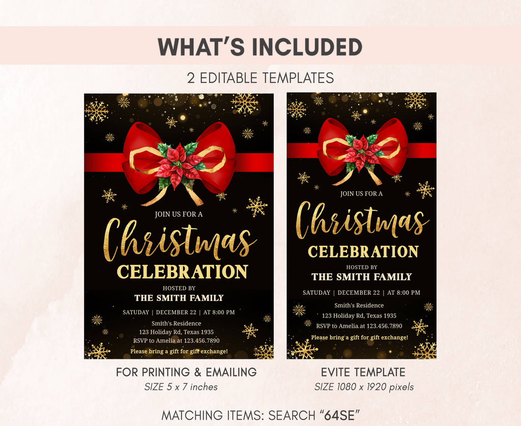 Customizable Christmas event invitation with floral poinsettia artwork
