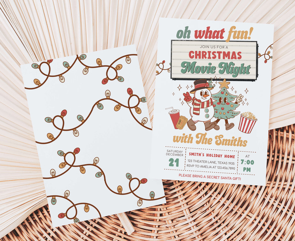 Cute holiday party invite with popcorn and movie tickets