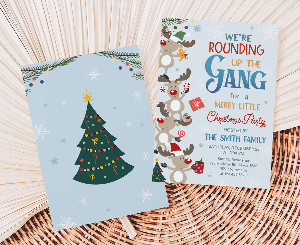 Whimsical holiday invitation cards with festive reindeer design