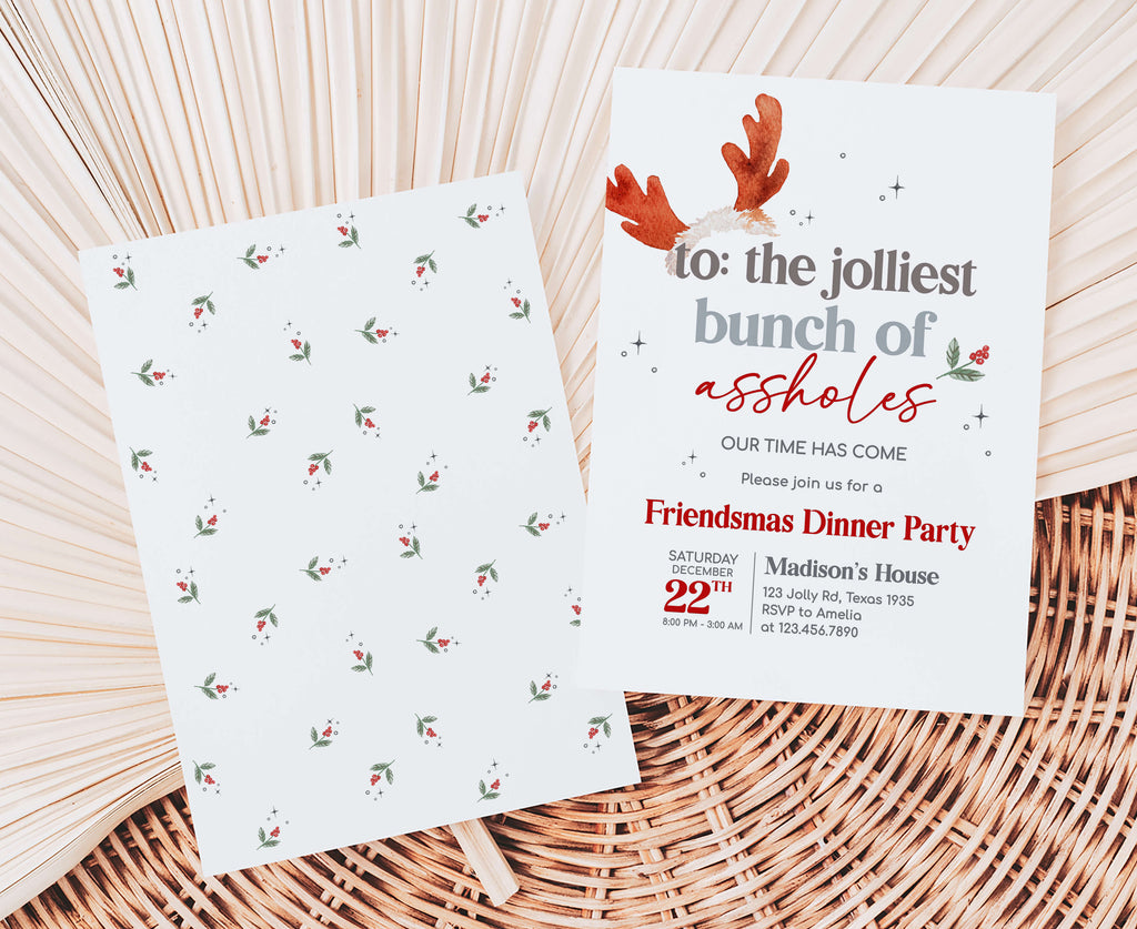 Editable Christmas dinner invite with antlers design
