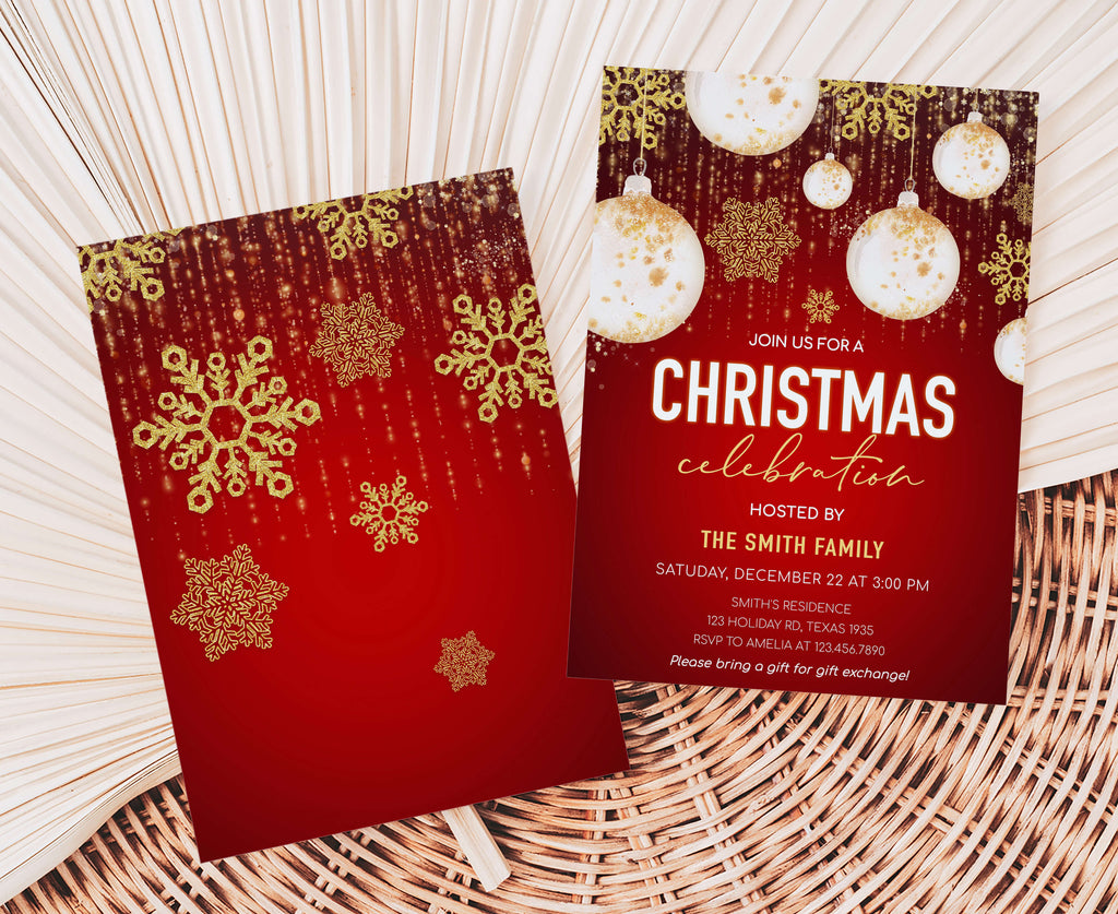 Luxury holiday party invite with white baubles and golden snowflakes