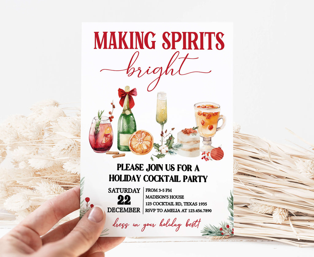 Watercolor Christmas cocktail party invitation with festive drinks