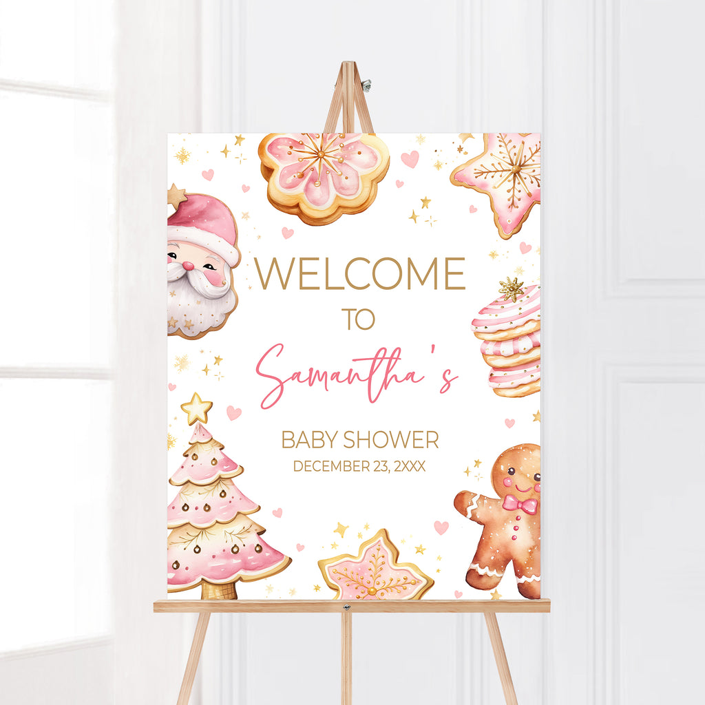 Pink Christmas cookie baby girl shower welcome sign | Festive holiday party decor