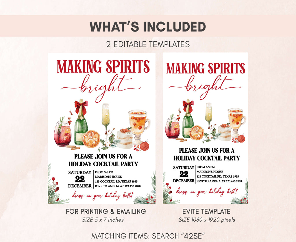 Holiday cocktail party stationery with festive red and green accents