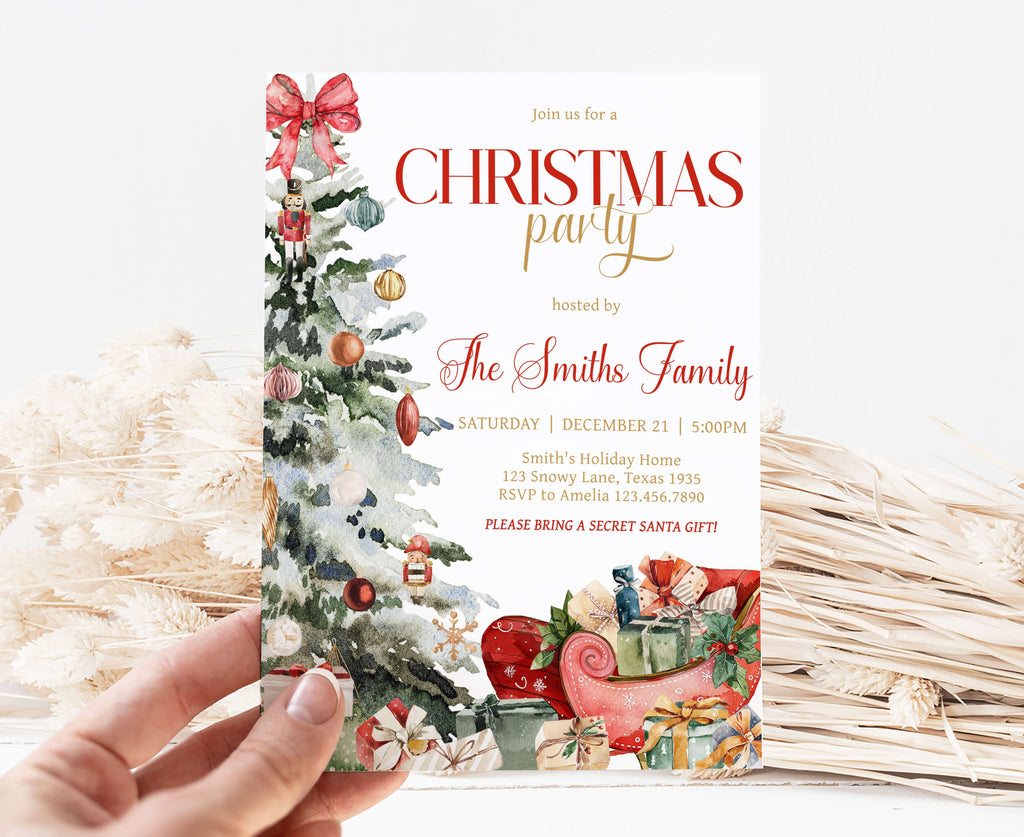 Elegant watercolor Christmas sleigh invitation template