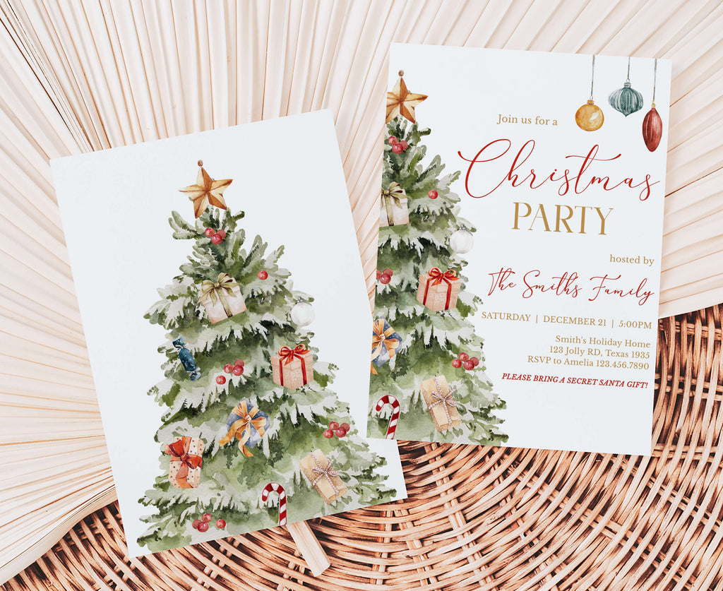 Watercolor Christmas tree holiday invitation template