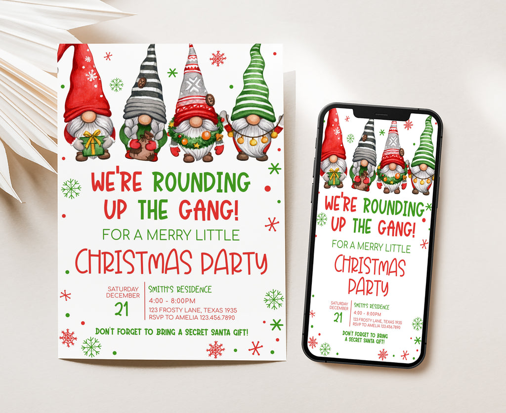 Cute watercolor gnome Christmas invite for family gatherings