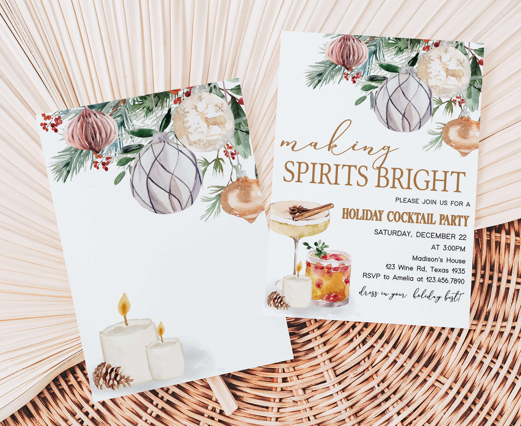 Printable holiday invitation with gold script and festive drinks design