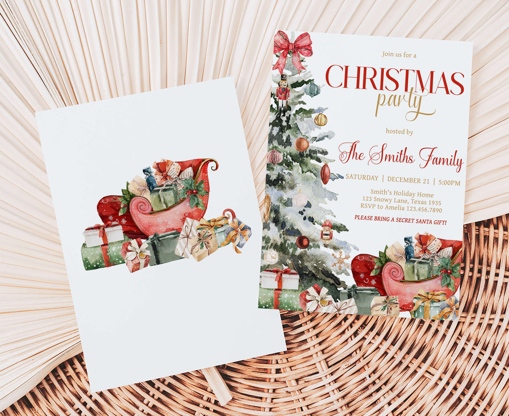 Printable holiday invitation with nutcracker and gifts