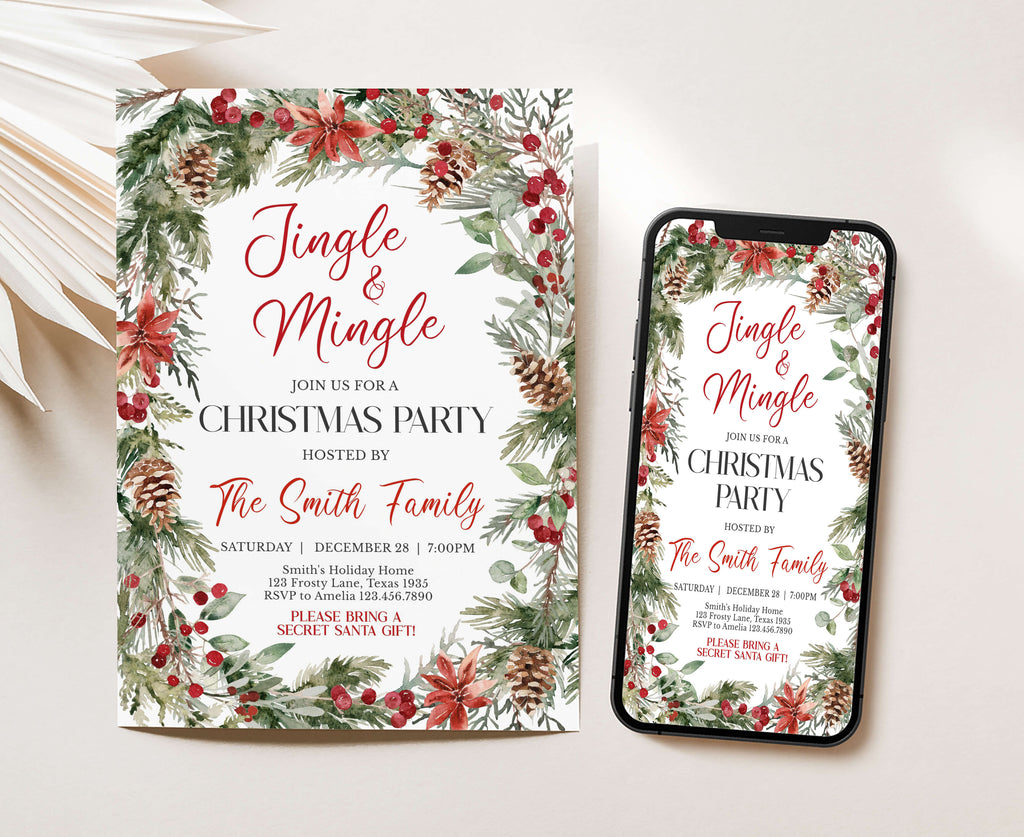 Festive wreath and berry Christmas party stationery printable