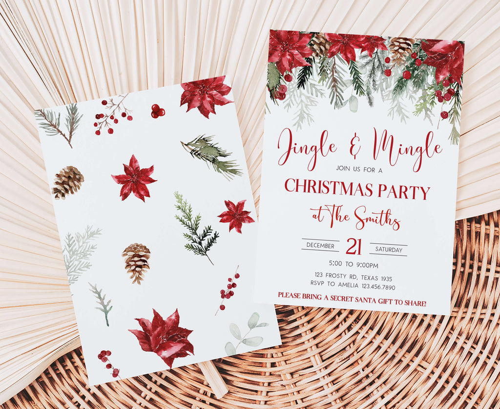 Elegant Jingle and Mingle holiday invitation with festive greenery design