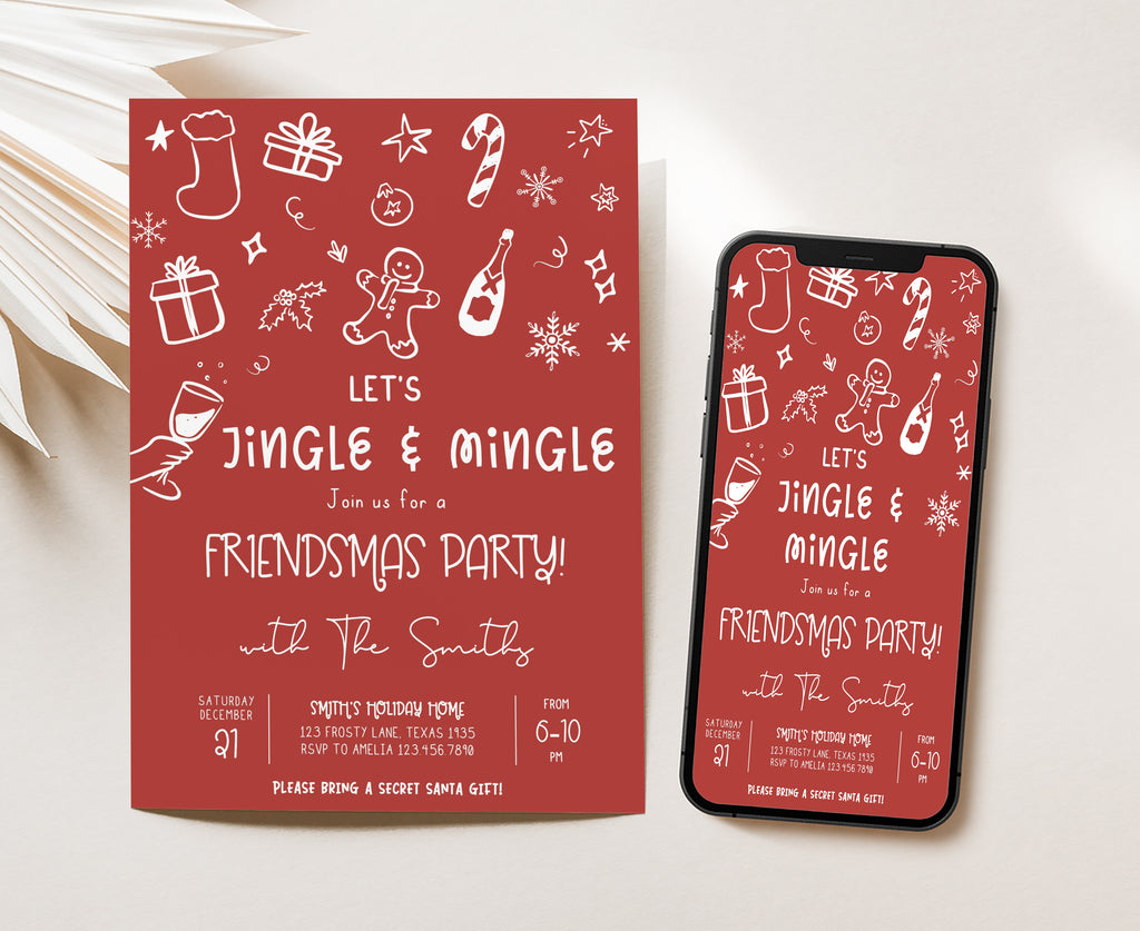 Modern red holiday invitation with snowflakes and holly details