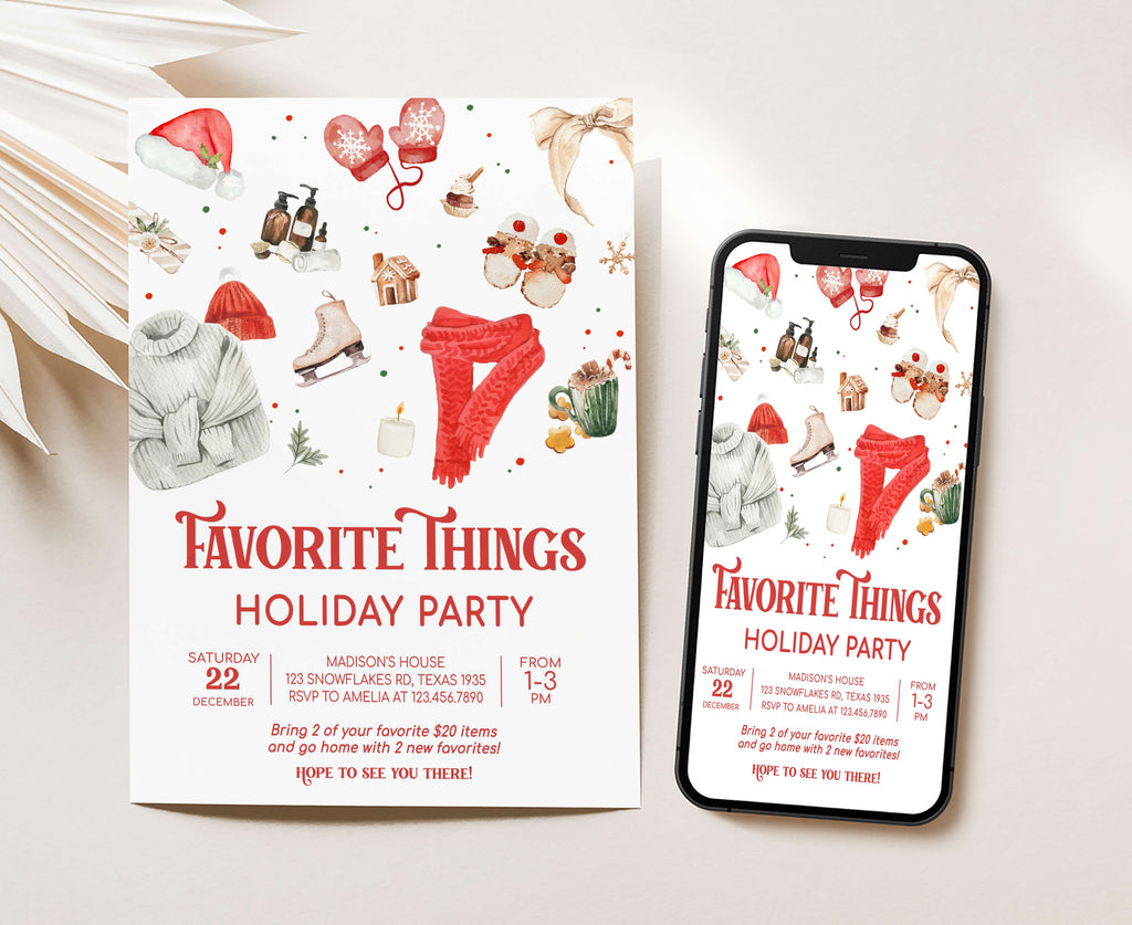Red festive holiday invitation with winter illustrations