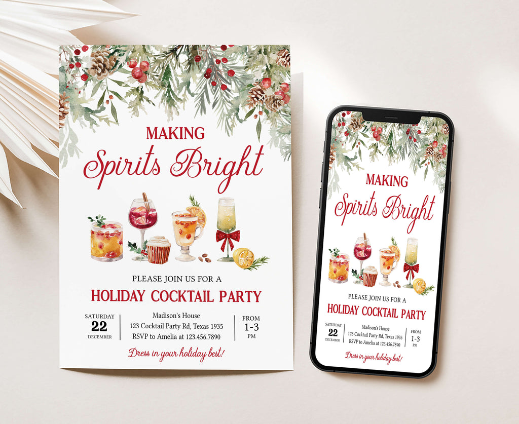 Printable Christmas party invite with cocktails and greenery