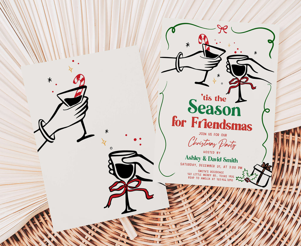 Festive Christmas party invitation featuring candy cane and gift box