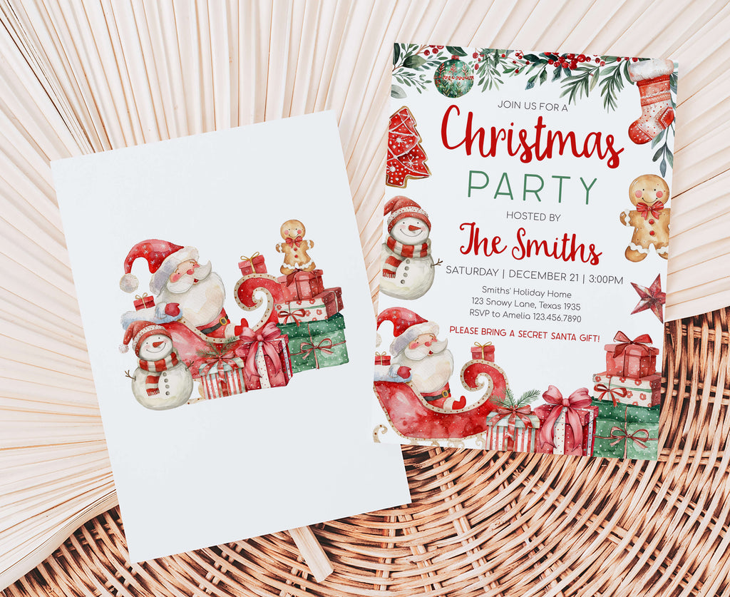 printable holiday party invite with Santa sleigh and presents