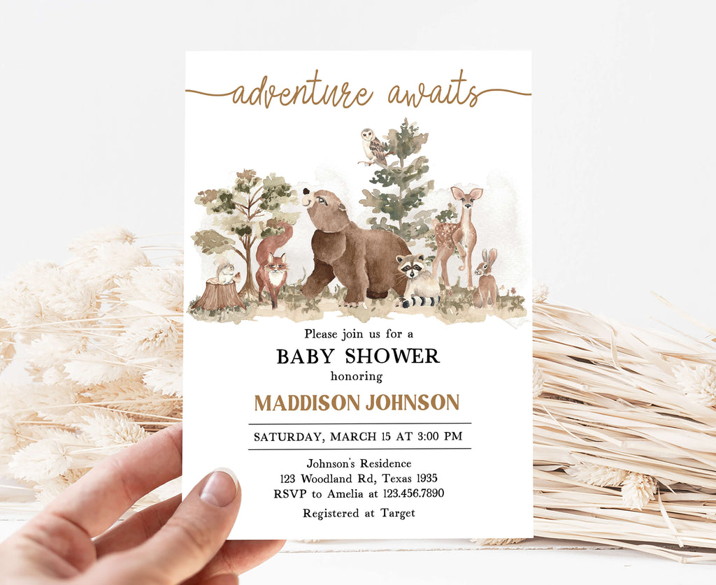 Woodland baby shower invitation with forest animals and adventure awaits theme