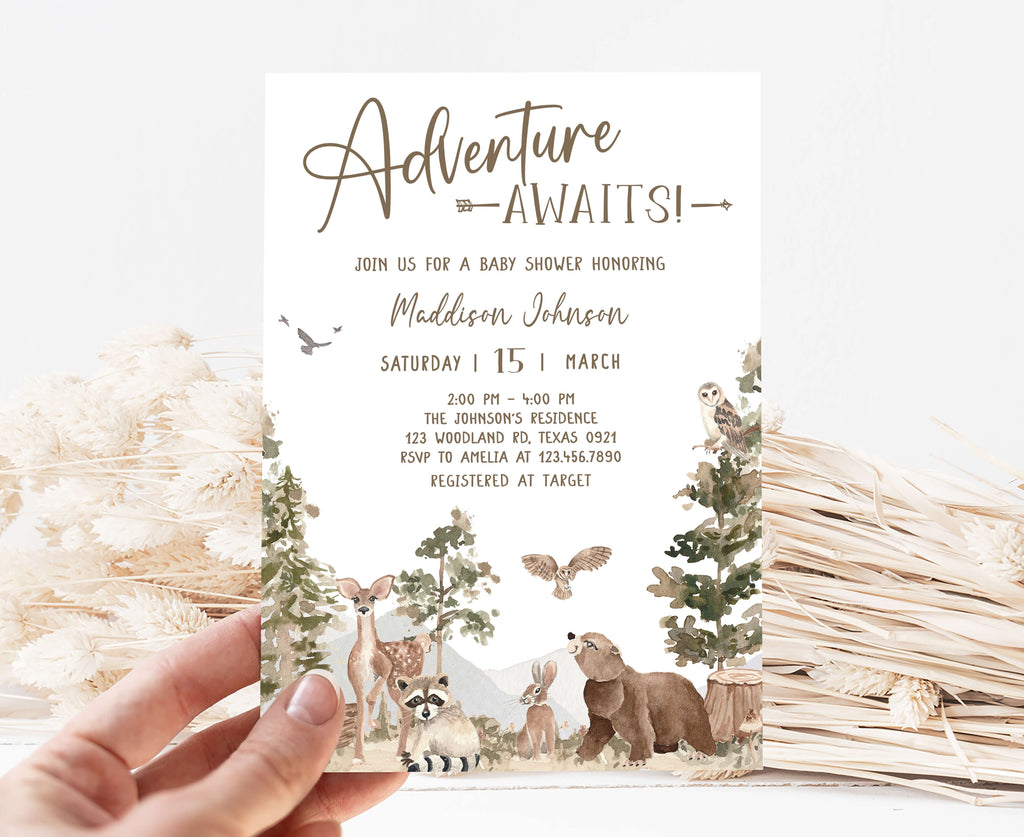 Woodland baby shower invitation with forest animals and adventure theme