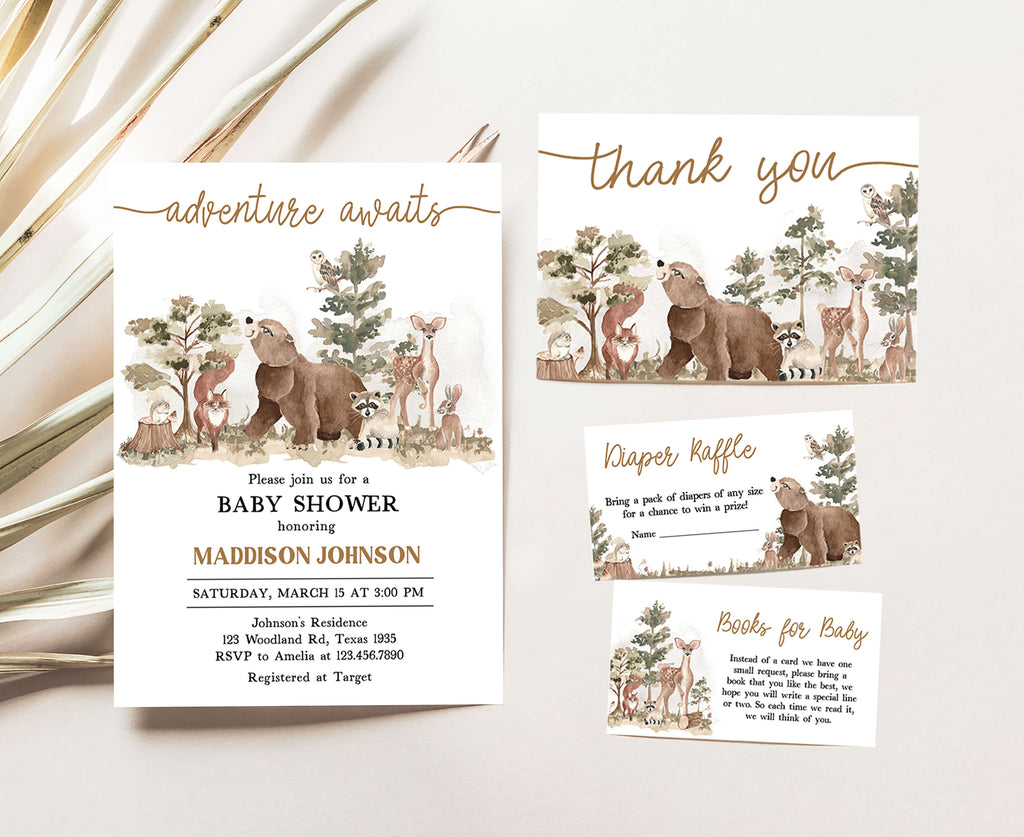 Woodland baby shower invitation set featuring forest animals and adventure awaits design