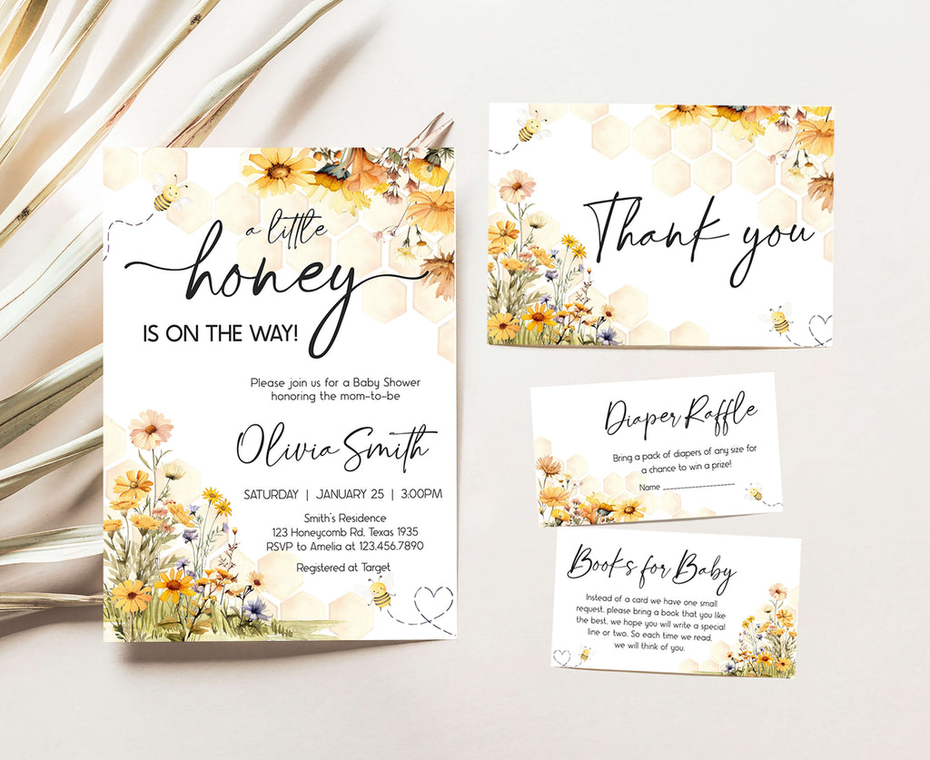 Spring honey bee baby shower invitation set with floral and honeycomb theme for gender neutral little honey shower