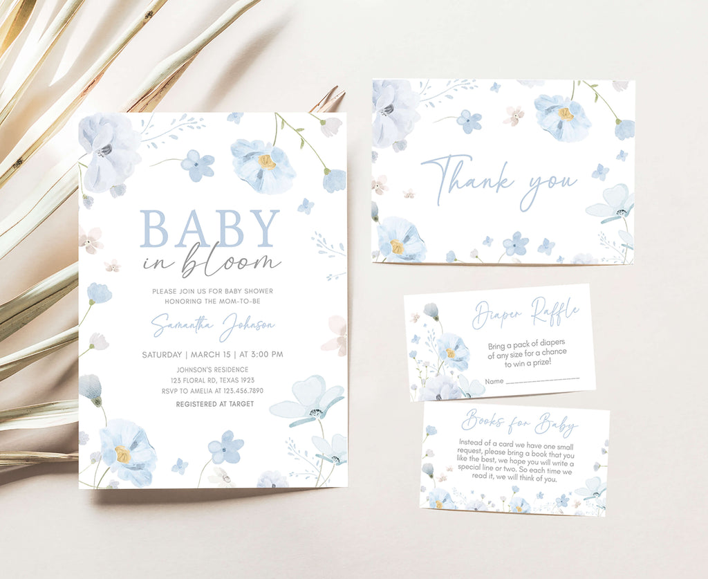 Spring floral baby shower invitation set for boy with blue flowers, baby in bloom, printable boy baby shower set with blue floral baby in bloom design
