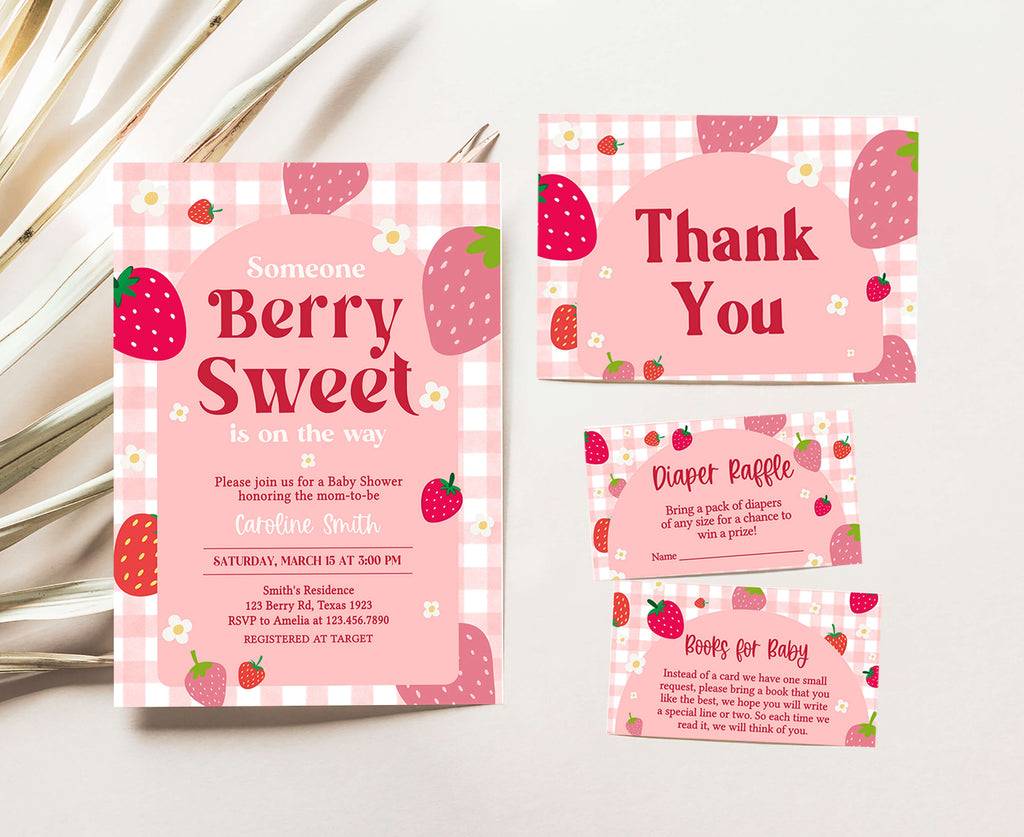 Strawberry baby shower invitation set for spring berry girl theme