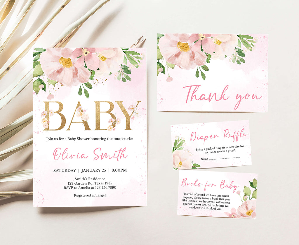 Spring floral girl baby shower invitation set with coordinating pink floral templates