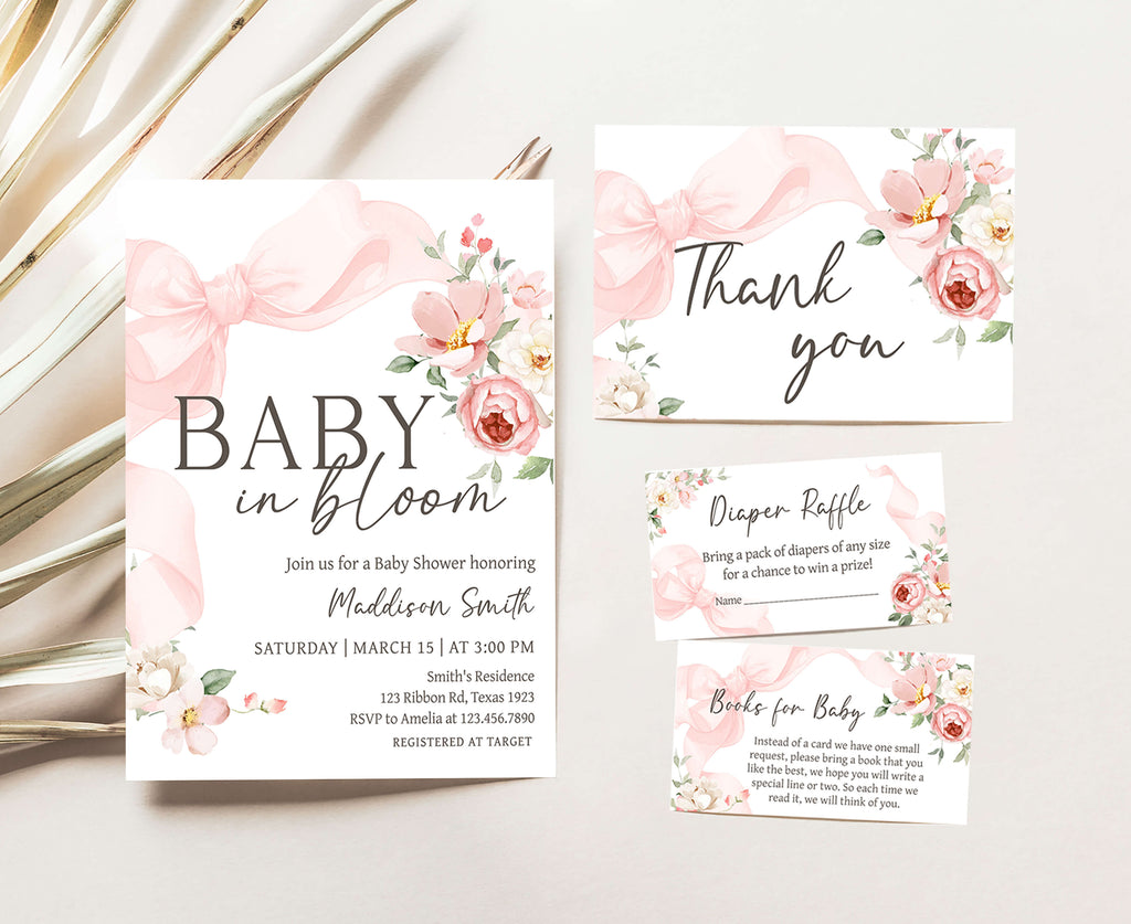 Spring floral girl baby shower invitation set with pink bow theme