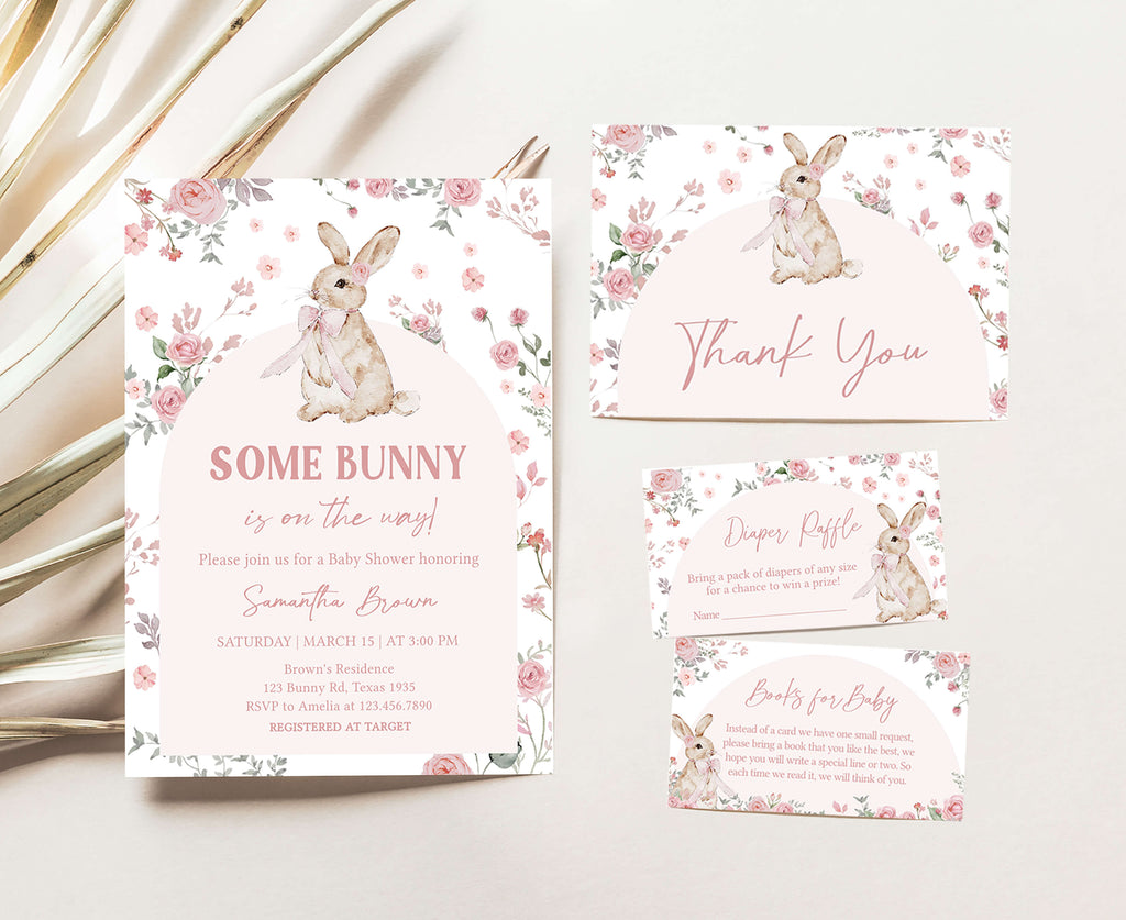 Spring floral bunny baby shower invitation set for girl baby shower bundle