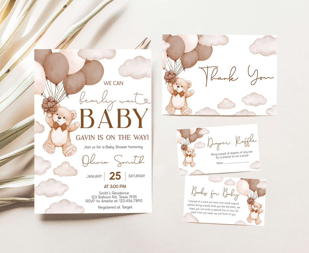 teddy bear baby shower invitation set with neutral balloon and cloud theme printable pack