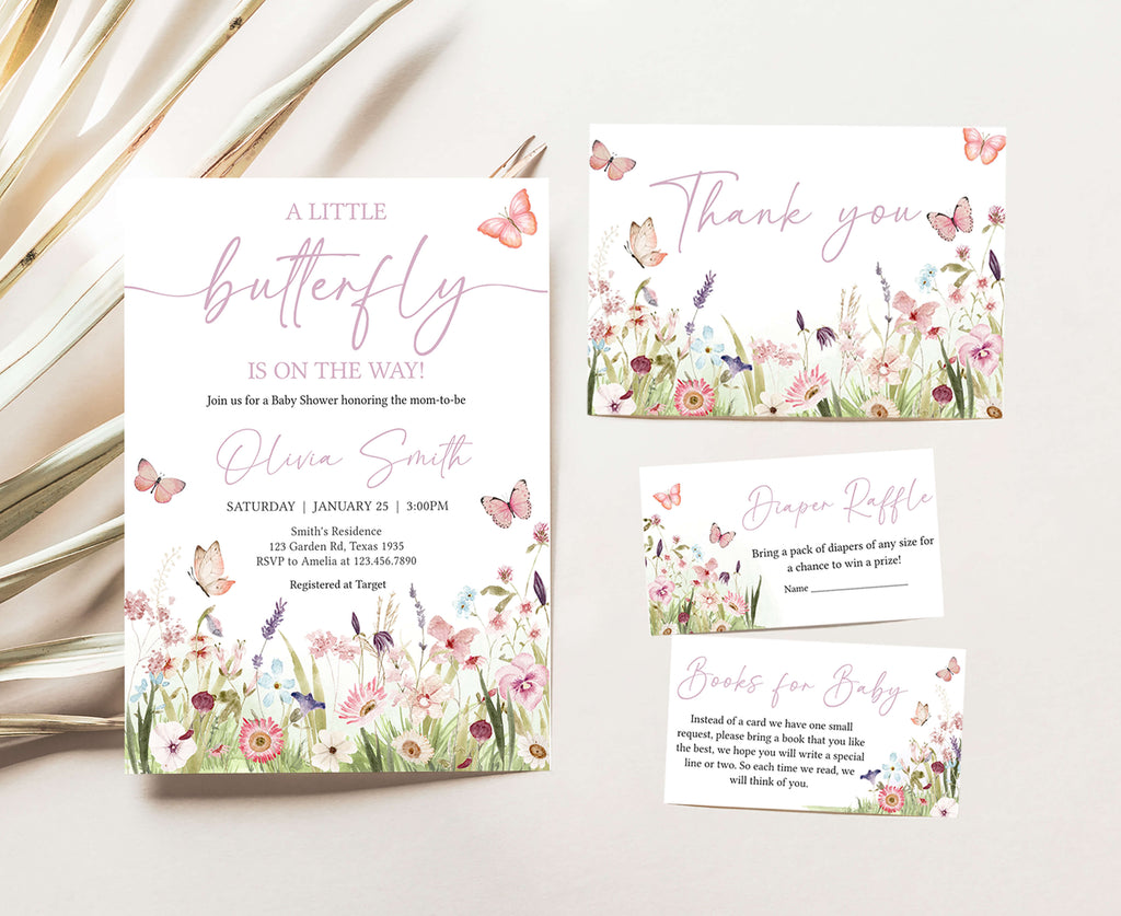 Butterfly baby shower invitation set with spring floral design
