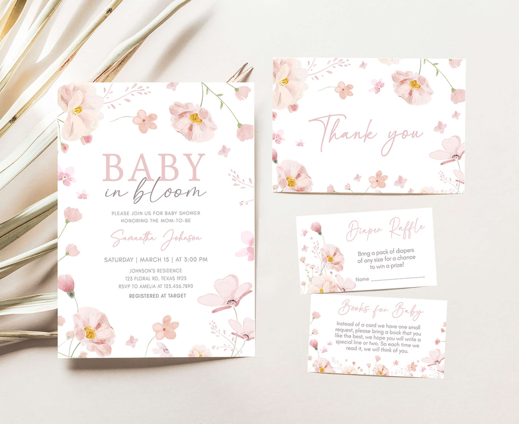 Spring bloom baby girl shower invitation set with floral design