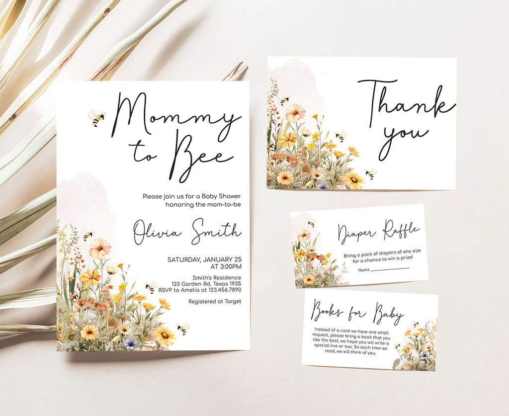 Spring bee baby shower invitation set with wildflower theme for gender neutral printable party kit