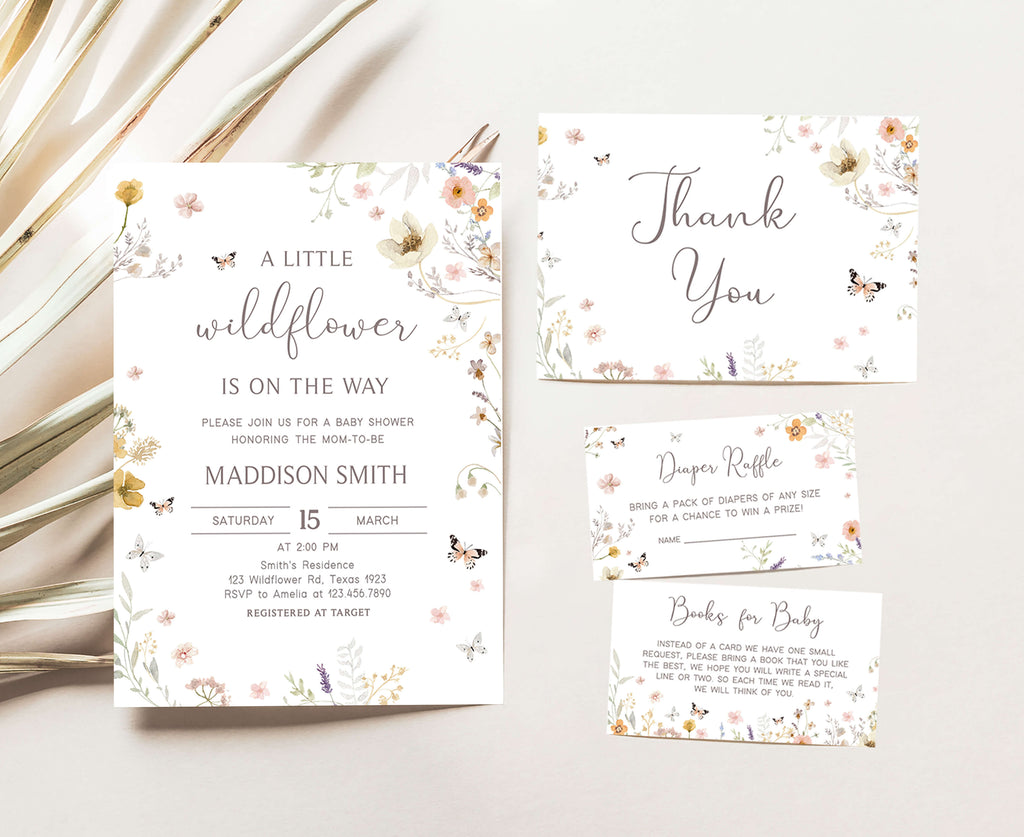 Wildflower baby shower invitation set for girl with spring floral and butterfly design