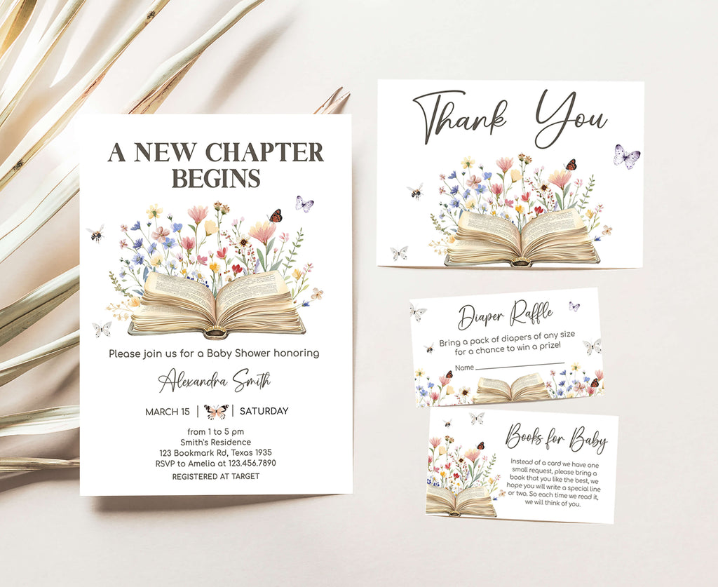 Spring storybook baby shower invitation set with matching floral and butterfly designs