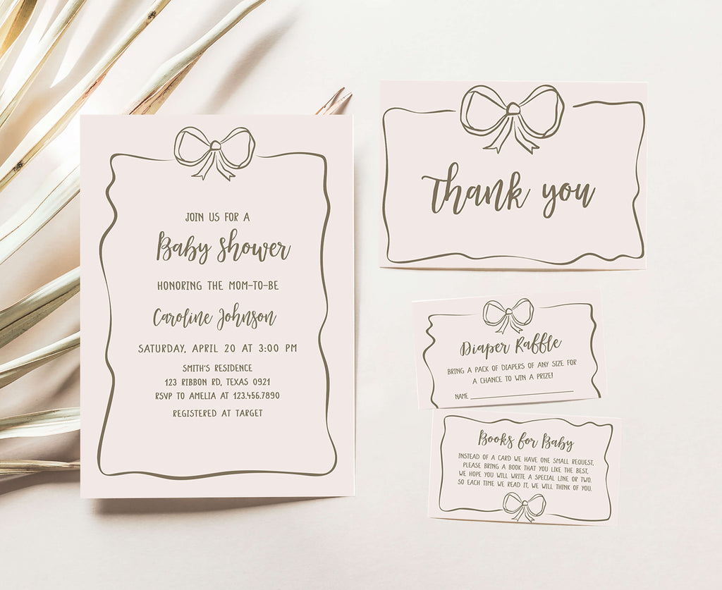 Neutral bow baby shower invitation set with matching line art designs for printable party bundle