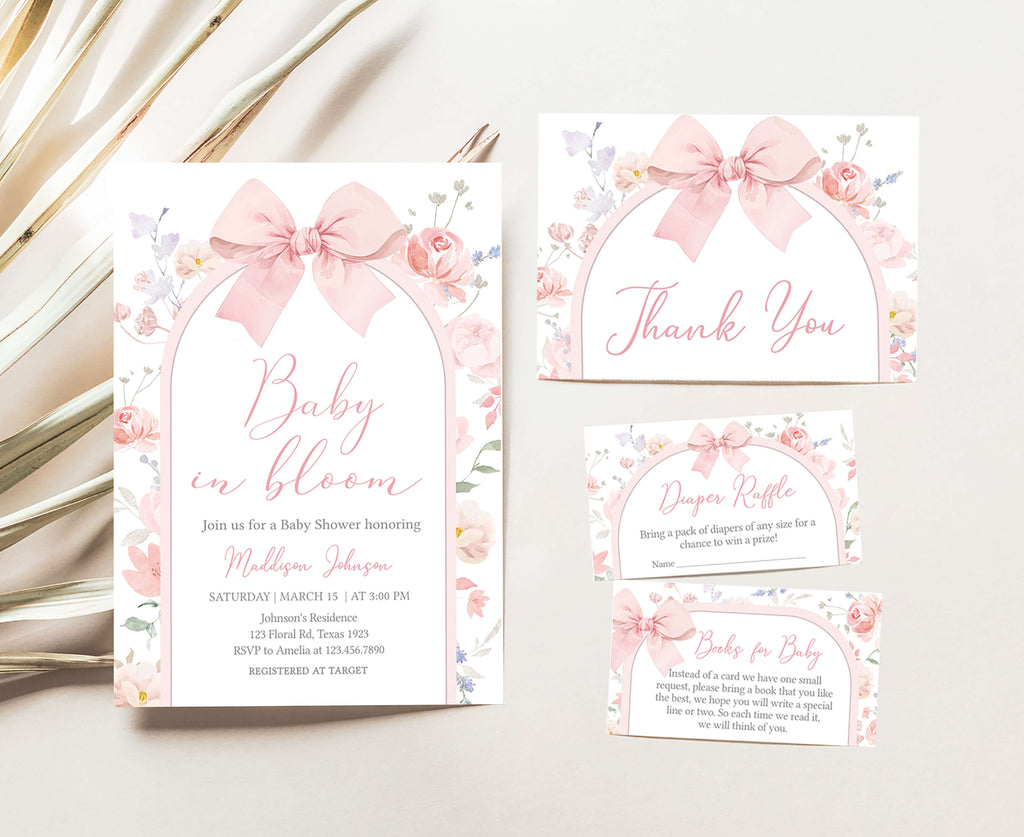Spring floral baby girl shower invitation set with pink bow theme, pink bow floral baby girl shower printable invite bundle, floral baby girl spring shower invitation package