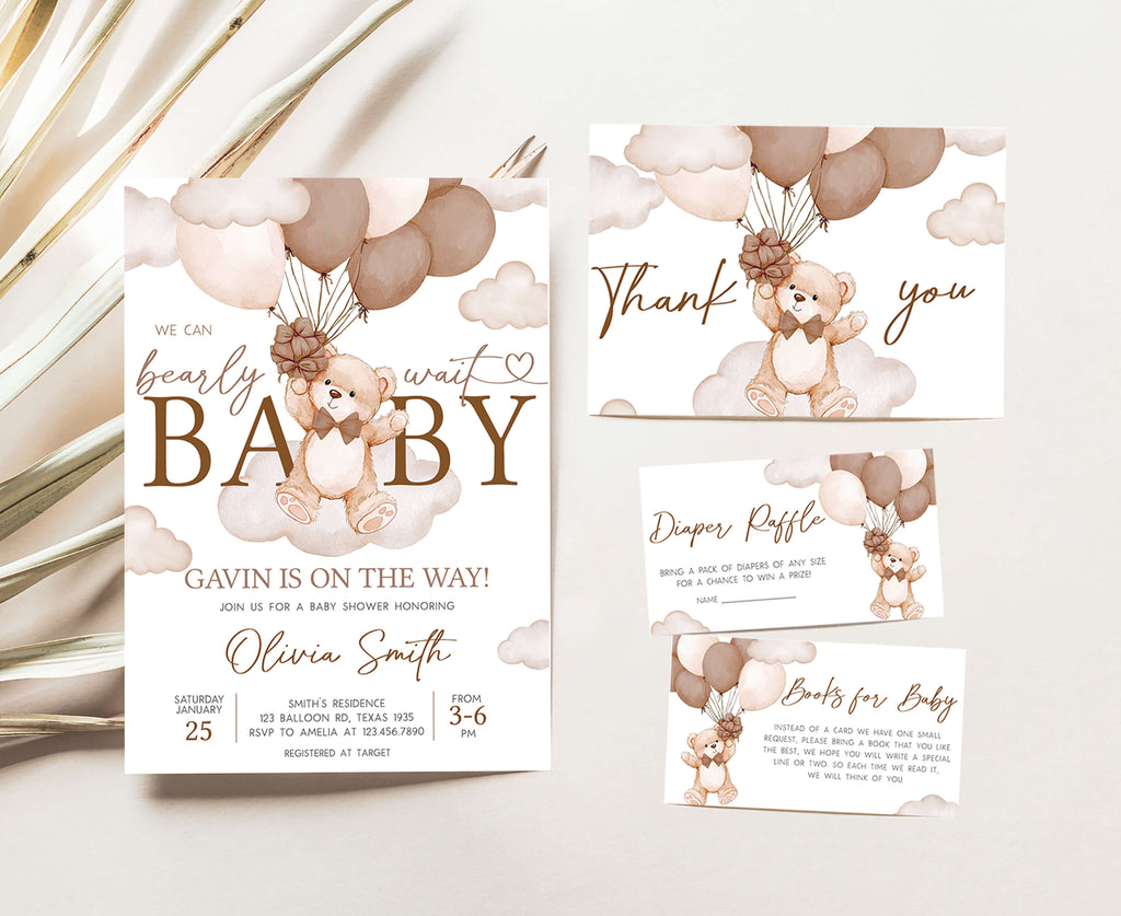 Neutral teddy bear baby shower invitation set with matching balloons and cloud graphics