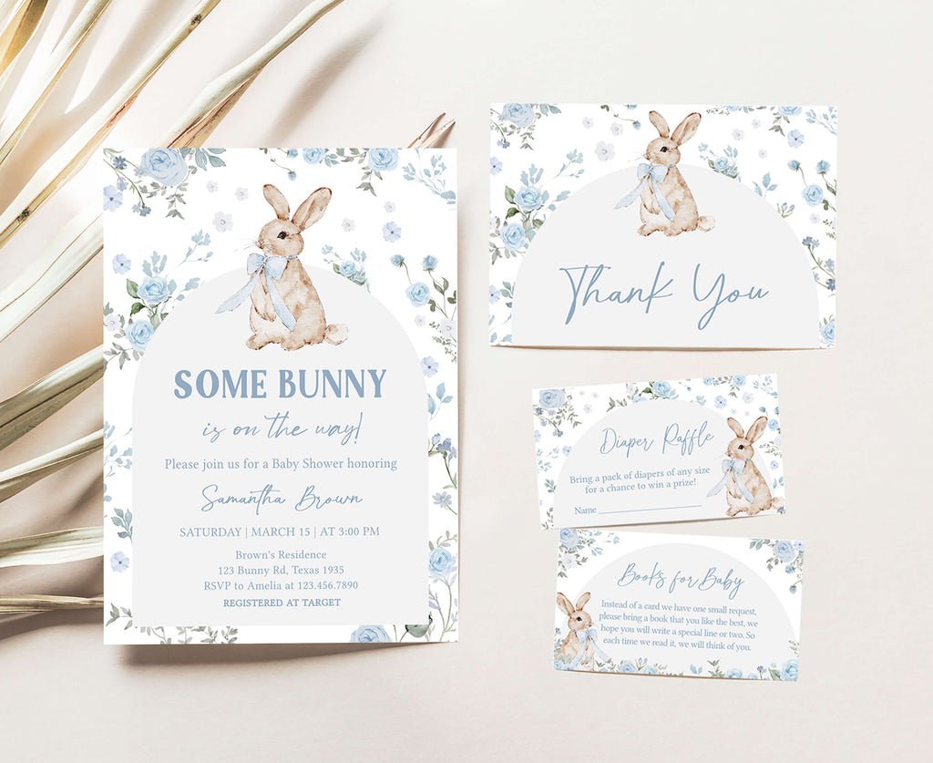 Spring bunny blue baby shower invitation set for boy, blue floral bunny baby boy shower stationery bundle, some bunny baby shower invite set in blue theme
