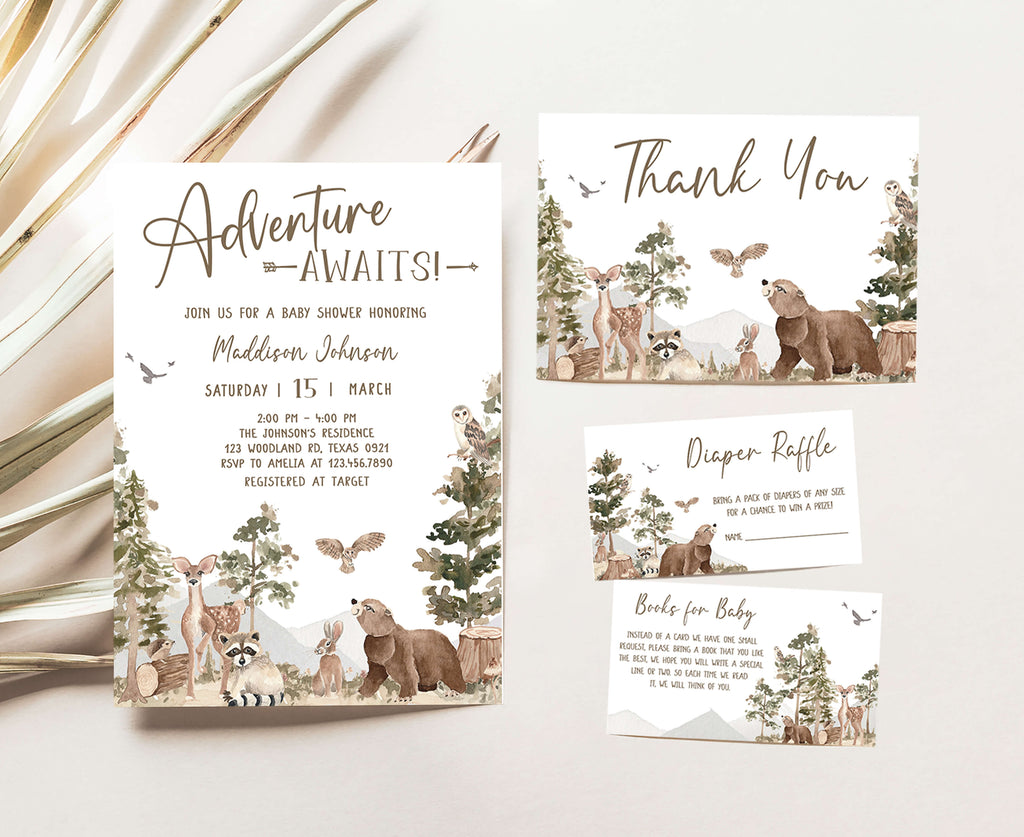 Adventure baby shower invitation set with woodland forest animal designs