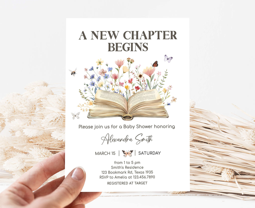 Spring book baby shower invitation with floral and butterfly elements
