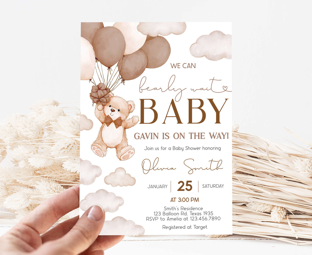 teddy bear baby shower invitation with neutral balloon and cloud theme digital download